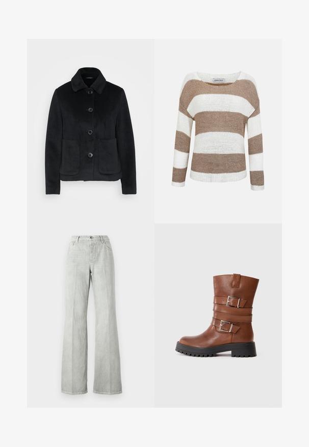 Sort fleecejakke med krave, seks knapper og to forlommer. Glat tekstur med en tætsiddende pasform.; Strikket langærmet sweater med brede horisontale beige og hvide striber, rund halsudskæring og ribstrikkede manchetter og kant.; Lys grå flared jeans, lavet af denim, med høj talje, fem-lomme design og en ren finish med minimalt syninger.; Brune læder ankelstøvle med to justerbare spænder, rund tå og en kraftig sort gummisål med struktureret mønster for godt greb.