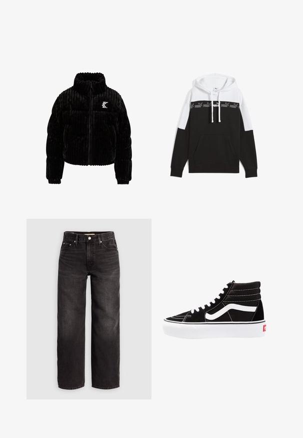 Chaqueta acolchada negra de terciopelo, con textura de canalé vertical, cuello alto, cierre de cremallera y un logo bordado en el lado izquierdo del pecho.; Sudadera con capucha que presenta un diseño a cuadros en blanco y negro, material de algodón, bolsillo frontal y una banda con logo bordado en el pecho.; Levi's® BAGGY DAD - Vaqueros baggy - shrink up; Zapatillas altas negras con cordones blancos, un logo blanco y costuras en blanco que contrastan. Presentan una suela blanca gruesa y una parte superior de ante texturizado.