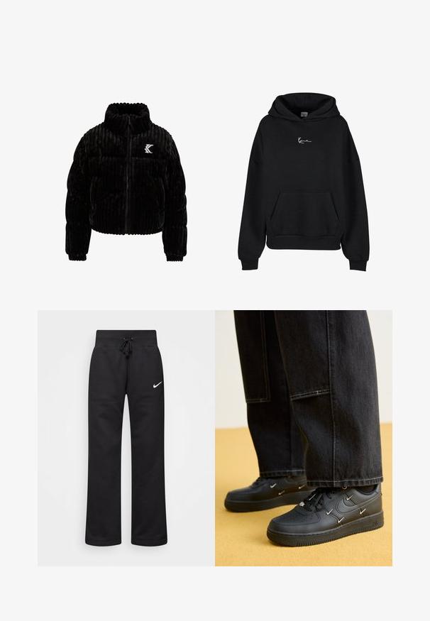 Chaqueta acolchada negra de terciopelo, con textura de canalé vertical, cuello alto, cierre de cremallera y un logo bordado en el lado izquierdo del pecho.; Sudadera negra hecha de una tela suave, con un bolsillo tipo canguro y un logo bordado en blanco en el pecho. Corte relajado con puños acanalados.; Pantalones de chándal negros hechos de una mezcla de algodón, con una cintura elástica ajustable, piernas rectas y un logo blanco de Nike en el lado izquierdo.; Zapatillas de cuero negras con acentos metálicos y detalles perforados. Combinadas con jeans de mezclilla oscuros de pierna ancha, sobre un fondo amarillo.