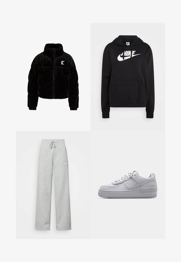 Chaqueta acolchada negra de terciopelo, con textura de canalé vertical, cuello alto, cierre de cremallera y un logo bordado en el lado izquierdo del pecho.; Sudadera con capucha negra que presenta un gran logo blanco de Nike, bolsillo canguro frontal, puños acanalados y confeccionada en una tela suave y cómoda.; Pantalones de chándal grises con cintura elástica, detalle de cordón y un pequeño logo blanco de Nike en el muslo izquierdo. Tejido suave, de corte holgado.; Zapatilla Nike Air Force 1 gris con puntera perforada, parte superior de cuero suave, suela gruesa y detalle en relieve 'AIR' en el talón.