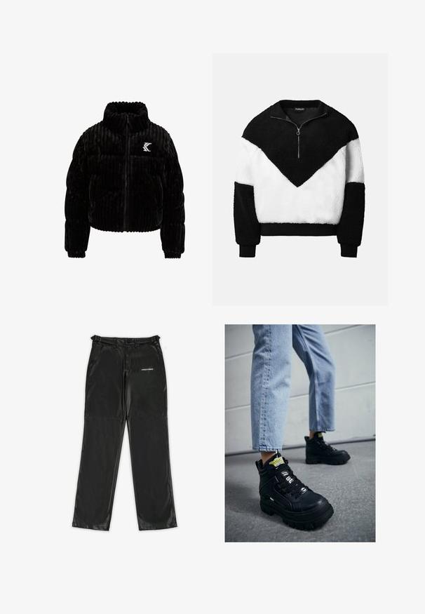 Chaqueta acolchada negra de terciopelo, con textura de canalé vertical, cuello alto, cierre de cremallera y un logo bordado en el lado izquierdo del pecho.; Sudadera bicolor hecha de suave forro polar. Cuenta con un cuello negro, media cremallera y un patrón de chevrones en negro y blanco con puños acanalados.; Pantalones de imitación de cuero negros con un diseño elegante, que cuentan con un logo en el lado izquierdo, piernas rectas y pasadores para cinturón tradicionales.; Zapatillas altas negras con suela gruesa, con diseño de cordones, acentos de logo y etiquetas amarillas. Combinadas con unos vaqueros cortos de color azul claro.
