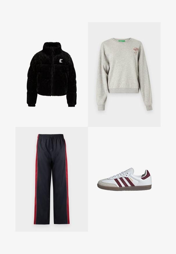 Schwarze Puffjacke aus Samt mit vertikal gerippter Textur, hohem Kragen, Reißverschluss und einem gestickten Logo auf der linken Brust.; Hellgrauer, cropped Sweatshirt aus weichem Stoff, mit langen Ärmeln, gerippten Bündchen und einem kleinen, roten, gestickten Cherubim-Design auf der Brust.; Schwarze Sporthosen mit roten Seitenstreifen, ausgestattet mit einem elastischen Bund und einem Kordelzug. Glatte Textur, gerade Beinform, keine sichtbaren Logos.; Weißer niedriger Adidas Samba Sneaker mit kastanienbraunen Streifen, beiger Wildleder-Zehenkappe und Gummisohle.