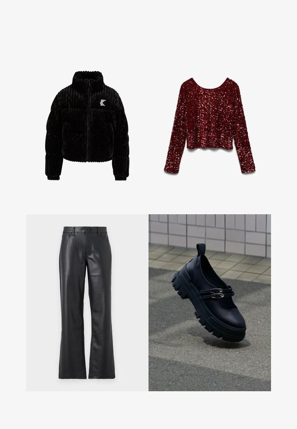 Schwarze Puffjacke aus Samt mit vertikal gerippter Textur, hohem Kragen, Reißverschluss und einem gestickten Logo auf der linken Brust.; Rotes Langarmshirt, bedeckt mit Pailletten, mit rundem Ausschnitt und kurzem Schnitt, mit einer texturierten und glänzenden Oberfläche.; Schwarze Lederhosen mit ausgestelltem Design, ausgestattet mit vorderen Taschen, Gürtelschlaufen und einem Knopfverschluss. Glatte Textur mit sichtbaren Nähten.; Schwarzer klobiger Mary Jane Schuh mit doppelten silbernen Schnallenriemen auf strukturiertem Pflaster in der Nähe einer gefliesten Wand.