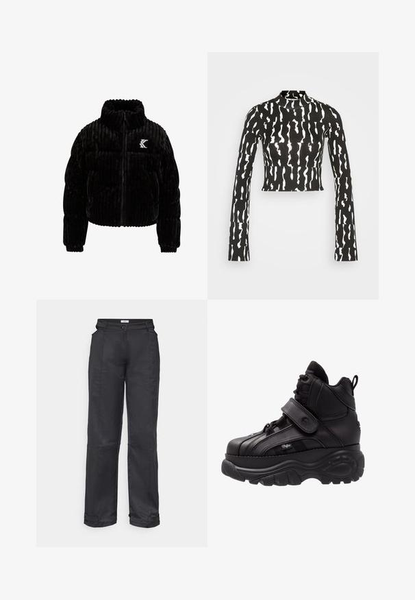 Schwarze Puffjacke aus Samt mit vertikal gerippter Textur, hohem Kragen, Reißverschluss und einem gestickten Logo auf der linken Brust.; Monki Langarmshirt - black; Envii EMBLA PANTS CUT - Stoffhose - black; Schwarze High-Top-Sneaker mit einer dicken Gummisohle, Obermaterial aus Leder, Schnürung und Klettverschluss, sowie strukturierten Seitenpaneelen.