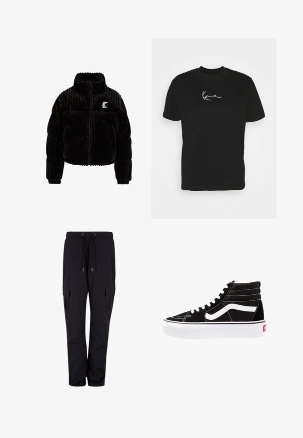 Schwarze Puffjacke aus Samt mit vertikal gerippter Textur, hohem Kragen, Reißverschluss und einem gestickten Logo auf der linken Brust.; Schwarzes Baumwoll-T-Shirt mit kurzen Ärmeln, ausgestattet mit einem weißen Signatur-Graphic auf der Brust und einem klassischen Rundhalsausschnitt.; Schwarze Cargo-Hosen aus weichem Stoff, mit einem elastischen Bund und Kordelzügen sowie Seitentaschen. Gerade Beinform.; Schwarze High-Top-Sneaker mit weißen Schnürsenkeln, einem weißen Logo und kontrastierendem weißen Nähten. Verfügt über eine dicke weiße Sohle und ein strukturiertes Wildleder-Obermaterial.