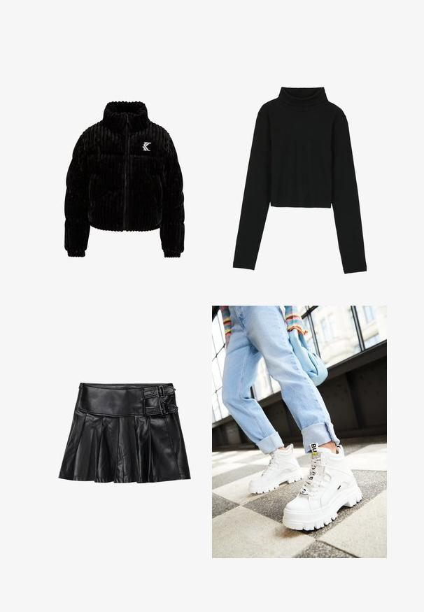 Zwart pufferjack gemaakt van fluweel, met verticale ribbelstructuur, hoge kraag, ritssluiting en een geborduurd logo op de linkerkant van de borst.; Even&Odd by Zalando Longsleeve - black; Zwart leren rok met plooien, brede tailleband en twee gespaccents aan de zijkant. Glad textuur met een glanzende afwerking.; Witte chunky sneakers met dikke zolen, veter-sluiting aan de voorkant en een merketiket. Draagt met lichtblauwe opgerolde jeans op een patroonvloer.