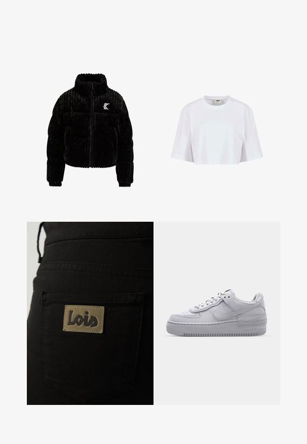Schwarze Puffjacke aus Samt mit vertikal gerippter Textur, hohem Kragen, Reißverschluss und einem gestickten Logo auf der linken Brust.; Weiße, gekürzte T-Shirt aus weicher Baumwolle. Mit Rundhalsausschnitt und kurzen Ärmeln in lockerer Passform, ohne sichtbare Muster oder Beschläge.; Schwarze Stoffhose mit einer Gesäßtasche, die mit einem hellbraunen Etikett mit der Prägung "Lois" in dunkler Schrift versehen ist. Sichtbare Nähte.; Graue Nike Air Force 1 Sneaker mit perforierter Zehenpartie, Obermaterial aus glattem Leder, dicker Sohle und geprägtem 'AIR'-Detail an der Ferse.
