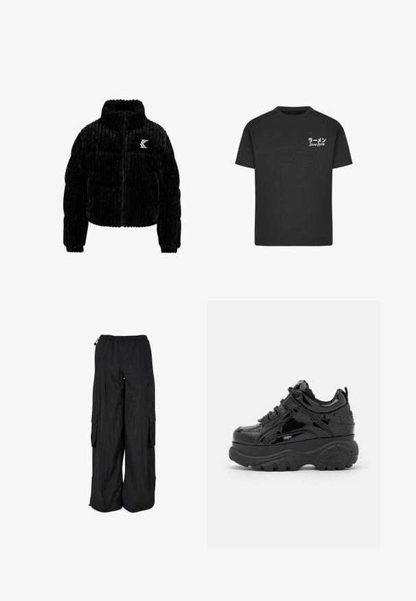 Schwarze Puffjacke aus Samt mit vertikal gerippter Textur, hohem Kragen, Reißverschluss und einem gestickten Logo auf der linken Brust.; Schwarzes Baumwoll-T-Shirt mit Rundhalsausschnitt. Mit weißem Text, einschließlich japanischer Schriftzeichen und "Slurp Away", auf der linken Brustseite.; Schwarze Cargo-Hose mit weitem Bein, elastischem Bund, seitlichen Klappentaschen und verstellbaren Kordeln an Bund und Saum.; Schwarze Plattform-Sneaker mit glänzender Lackoberfläche, dicken Gummisohlen, Schnürdesign und Logodetail an der Seite.