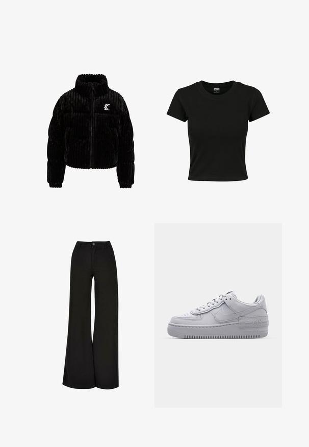Schwarze Puffjacke aus Samt mit vertikal gerippter Textur, hohem Kragen, Reißverschluss und einem gestickten Logo auf der linken Brust.; Schwarzes Kurzarm-T-Shirt aus glattem Baumwollmaterial mit rundem Halsausschnitt und taillierter Form. Keine sichtbaren Muster oder Akzente.; Schwarze weite Hosen aus einem weichen Stoff. Mit einem Frontknopfverschluss und zwei Seitentaschen. Glatte Textur und minimalistisches Design.; Graue Nike Air Force 1 Sneaker mit perforierter Zehenpartie, Obermaterial aus glattem Leder, dicker Sohle und geprägtem 'AIR'-Detail an der Ferse.