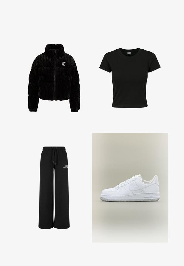 Chaqueta acolchada negra de terciopelo, con textura de canalé vertical, cuello alto, cierre de cremallera y un logo bordado en el lado izquierdo del pecho.; Camiseta negra de manga corta fabricada en algodón suave, con un cuello redondo y un corte ajustado. Sin patrones ni acentos visibles.; Pantalones de chándal negros y de pierna ancha, fabricados en un tejido suave, con una cinturilla elástica con cordones y un acento del logo en blanco.; Zapatilla Nike Air Force 1 blanca de caña baja con cordones, puntera perforada y suela de goma texturizada sobre fondo neutro.