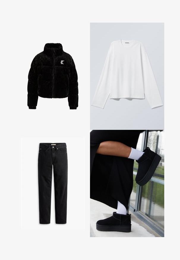Chaqueta acolchada negra de terciopelo, con textura de canalé vertical, cuello alto, cierre de cremallera y un logo bordado en el lado izquierdo del pecho.; Camiseta blanca lisa de manga larga con cuello redondo y un ajuste ligeramente suelto, mostrada extendida sobre un fondo gris claro.; Jeans negros de pierna recta con cierre de botones y cremallera, pasadores para cinturón y bolsillos delanteros y traseros, exhibidos de forma plana sobre un fondo blanco.; Botas negras de ante hasta el tobillo con suela plana, con una asa en la parte posterior, luciendo calcetines blancos hasta el tobillo en un fondo minimalista.