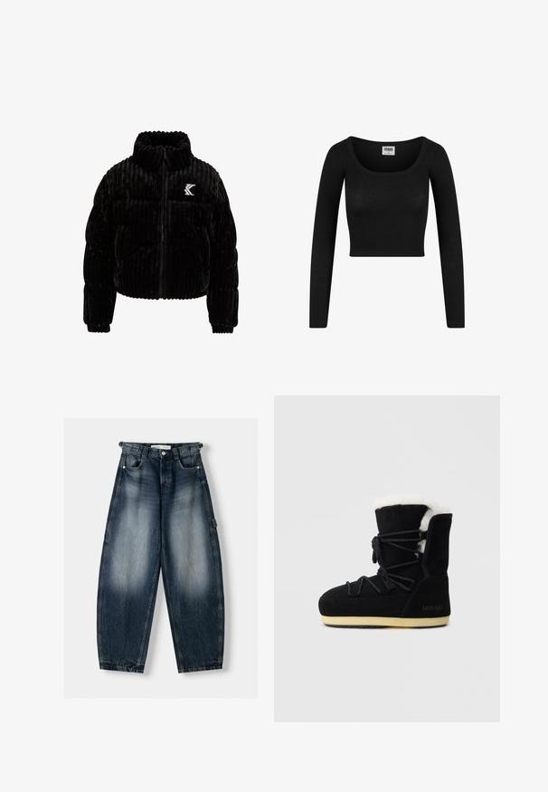Schwarze Puffjacke aus Samt mit vertikal gerippter Textur, hohem Kragen, Reißverschluss und einem gestickten Logo auf der linken Brust.; Schwarzes langärmliges Cropped-Top mit einem runden Ausschnitt, aus geripptem Stoff gefertigt. Hat eine figurbetonte Silhouette und eine weiche Textur.; Blaue Denim-Hosen im weiten Schnitt mit ausgewaschenem Finish, ausgestattet mit einem Knopfverschluss, Seitentaschen und cargoartigen Taschen an den Seiten.; Schwarze Wildlederstiefel mit weißem Fellfutter, mit einer Schnürung vorne, gepolstertem Knöchelstütze und einer Gummisohle für Bodenhaftung.