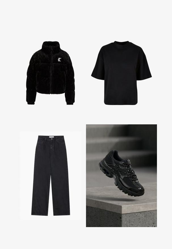Chaqueta acolchada negra de terciopelo, con textura de canalé vertical, cuello alto, cierre de cremallera y un logo bordado en el lado izquierdo del pecho.; Camiseta de algodón negra con cuello alto, mangas cortas y un ajuste suelto y cuadrado, sin patrones ni acentos visibles.; Jeans de mezclilla negros de talle alto y pierna ancha con cierre frontal de botón y cremallera, pasadores para el cinturón y estilo de cinco bolsillos.; Zapatilla de running negra de Nike con parte superior de malla y sintética flotando sobre una superficie de hormigón y escalones de fondo.