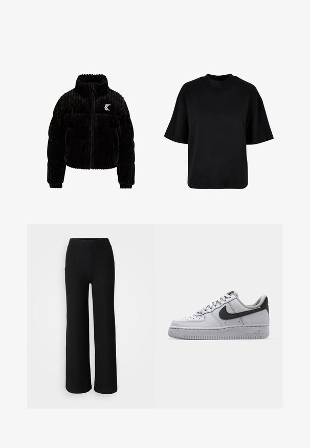 Schwarze Puffjacke aus Samt mit vertikal gerippter Textur, hohem Kragen, Reißverschluss und einem gestickten Logo auf der linken Brust.; Schwarzes Baumwoll-T-Shirt mit hohem Kragen, kurzen Ärmeln und einem lockeren, kastigen Schnitt ohne sichtbare Muster oder Akzente.; Schwarze, gerippte Strickhosen mit weitem Bein und elastischem Bund, die eine glatte Textur und einen minimalistischen Stil aufweisen.; Weißes Leder-Sneaker mit grauen Akzenten, runde Zehenpartie, strukturierte Oberfläche, gepolsterter Kragen und kontrastierendes schwarzes Swoosh-Logo. Luftgepolsterte Sohle.
