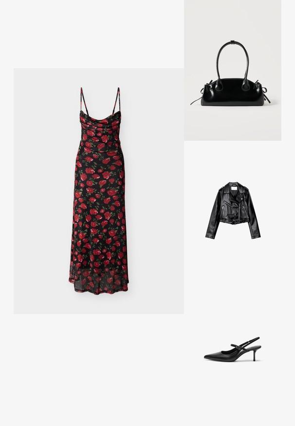 Sort cropped læderbikerjakke med asymmetrisk frontlynlås, trykknapper og fire lynlåse. Har et justerbart bælte i taljen.; Sort blomsterkjole med røde roser og grønne blade, rund halsudskæring, tynde stropper, tætsiddende overdel og luftig nederdel med transparent kant.; Sorte læder slingback hæle med spids tå, slank justerbar rem og en stiletto hæl på cirka 5 cm, glat tekstur.; Lille sort blank håndtaske med to lange håndtag og snøre-detaljer i siden på en ensfarvet lys baggrund.