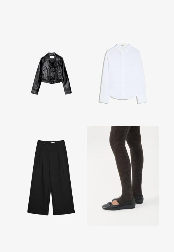 Sort cropped læderbikerjakke med asymmetrisk frontlynlås, trykknapper og fire lynlåse. Har et justerbart bælte i taljen.; Hvid skjorte med lange ærmer, knapper, krave og manchetter, svagt buet kant, vist på en ensfarvet hvid baggrund.; Sorte, vidde-benet, korte bukser med frontplisseringer, bæltestropper og knaplukning i taljen.; Ben iført mørke ribbede leggings kombineret med sorte balletsko med små sløjfedetaljer på hvid baggrund.