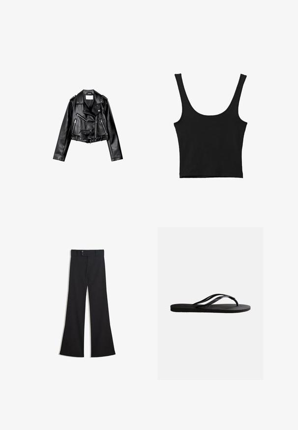Sort cropped læderbikerjakke med asymmetrisk frontlynlås, trykknapper og fire lynlåse. Har et justerbart bælte i taljen.; Sort cropped tank top med brede skulderstropper, lavet i blødt materiale, med en glat tekstur og et minimalistisk design.; Sorte vidde bukser med høj talje, dobbelte knapper ved linningen og lynlås foran, lagt fladt på en hvid baggrund.; Sort gummiflip-flop sandal med tekstureret fodseng og tynde Y-formede remme på en ensartet hvid baggrund.