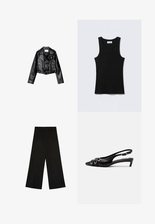 Sort cropped læderbikerjakke med asymmetrisk frontlynlås, trykknapper og fire lynlåse. Har et justerbart bælte i taljen.; Sort bomuldstop med rund halsudskæring og smalle stropper. Enkelt design uden mønstre eller detaljer.; Sorte bukser med brede ben, knap- og lynlåslukning, bæltestropper og frontfolder, lagt fladt på en hvid baggrund.; Sort læder slingback sko med spids tå, tre sølvspænder på forsiden og lav lille hæl på hvid baggrund.