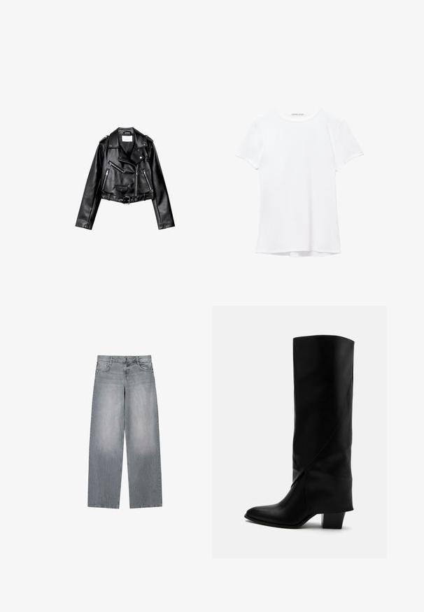 Sort cropped læderbikerjakke med asymmetrisk frontlynlås, trykknapper og fire lynlåse. Har et justerbart bælte i taljen.; Hvid kortærmet t-shirt lavet af glat stof, med rund halsudskæring og diskrete syninger ved kanten.; Grå vidbenede denimjeans med en falmet vask, der har en klassisk knap- og lynlås-lukning, fem lommer og kontrastsyninger.; Høj sort læderstøvle med skråt syning, spids tå og kraftig mellemhøj hæl på hvid baggrund.