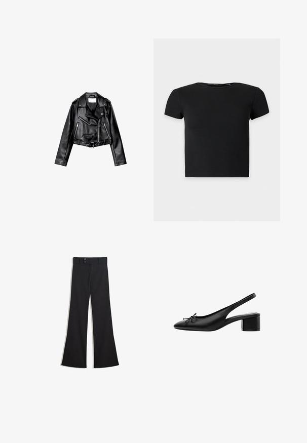 Sort cropped læderbikerjakke med asymmetrisk frontlynlås, trykknapper og fire lynlåse. Har et justerbart bælte i taljen.; Sort kortærmet ribbet crop top med rund halsudskæring, vist på en ensfarvet lys baggrund.; Sorte vidde bukser med høj talje, dobbelte knapper ved linningen og lynlås foran, lagt fladt på en hvid baggrund.; Sort lædersko med slingback, lav blokhæl og lille sløjfedetalje på spids tå, sidevisning på hvid baggrund.