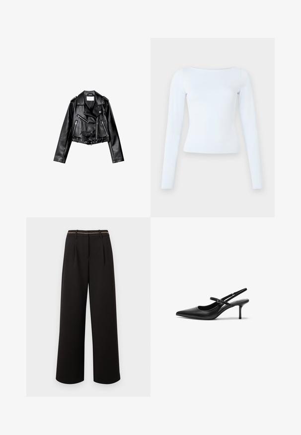 Sort cropped læderbikerjakke med asymmetrisk frontlynlås, trykknapper og fire lynlåse. Har et justerbart bælte i taljen.; Langærmet, lyseblå tætsiddende bluse med bådudskæring og enkelt, rent design på en ensfarvet baggrund.; Sorte bukser med brede ben, folder, bærestropper og et slankt guld kædebælte på en enkel lys baggrund.; Sorte læder slingback hæle med spids tå, slank justerbar rem og en stiletto hæl på cirka 5 cm, glat tekstur.