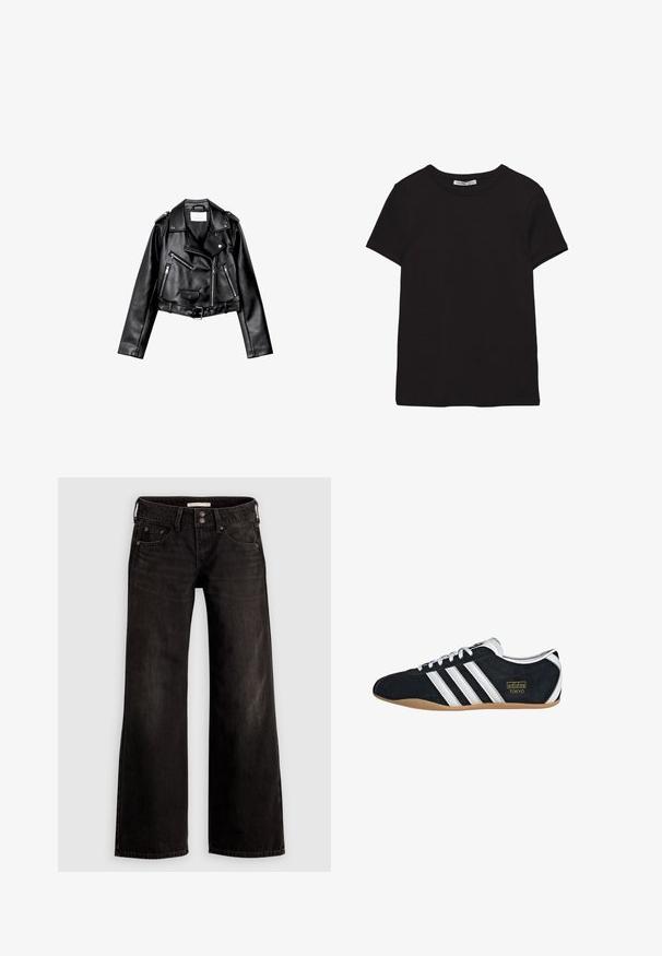 Sort cropped læderbikerjakke med asymmetrisk frontlynlås, trykknapper og fire lynlåse. Har et justerbart bælte i taljen.; Sort kortærmet t-shirt i bomuld med rund halsudskæring, standard pasform og synlig indvendig halsmærkat.; Sorte bukser med vide ben og en let falmet finish, med forlommer, lynlås foran og knaplukning. Fremstillet af denimstof.; Sort ruskinds sneaker med hvide tre striber, guldlogo og en brun gummisål. Har et lavprofil snørebåndsdesign.