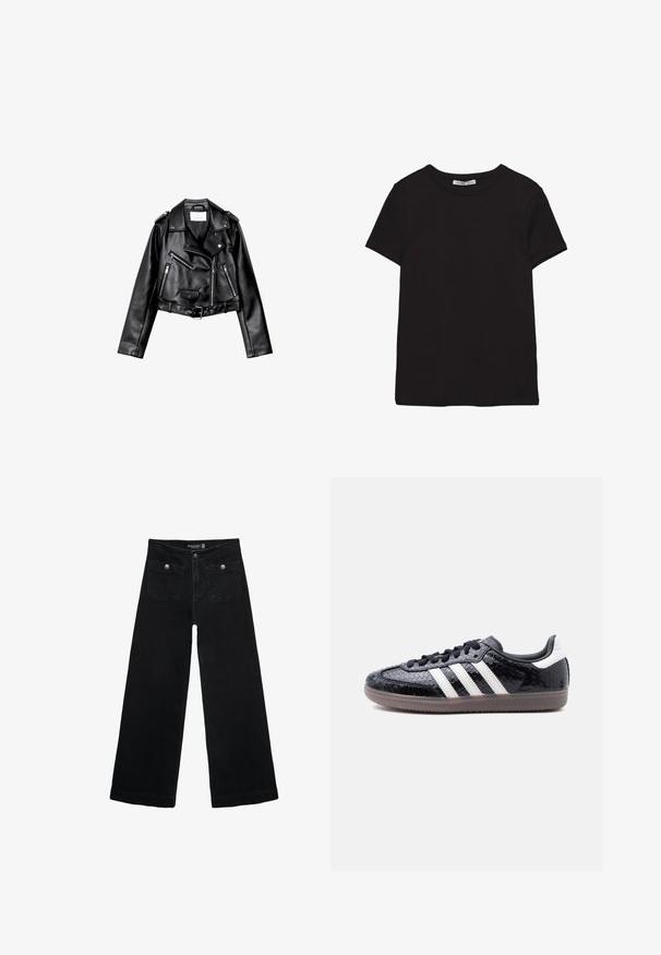 Sort cropped læderbikerjakke med asymmetrisk frontlynlås, trykknapper og fire lynlåse. Har et justerbart bælte i taljen.; Sort kortærmet t-shirt i bomuld med rund halsudskæring, standard pasform og synlig indvendig halsmærkat.; Sorte vidde jeans med høj talje, der har to forlommer og metalknapdetaljer. Stoffet har en glat tekstur.; Lavprofils sort sneaker med tekstureret slangeskindsmønster, hvide striber på siden, sorte snørebånd og en gennemsigtig brun sål.