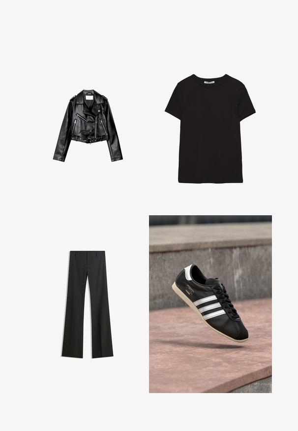 Sort cropped læderbikerjakke med asymmetrisk frontlynlås, trykknapper og fire lynlåse. Har et justerbart bælte i taljen.; Sort kortærmet t-shirt i bomuld med rund halsudskæring, standard pasform og synlig indvendig halsmærkat.; Sorte, flarede bukser med en glat tekstur, der har en skræddersyet pasform og en talje. Ingen synlige mønstre eller udsmykninger.; Sort lædersneaker med hvide striber og sål, snøret, svævende over en rosa betonoverflade med en grå stenvæg i baggrunden.