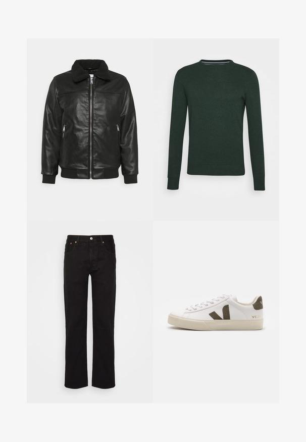 Lindbergh JACKET - Veste en similicuir - black; Pull en tricot vert foncé avec un col rond, des manches longues et des poignets et un bas côtelés. Texture lisse sans motifs ni accents visibles.; Jean noir à jambe droite en coton. Il possède cinq poches, un bouton en métal et des coutures orange accentuées à l'avant.; Baskets en cuir blanc avec une semelle en caoutchouc beige clair. Présentent un logo en V en daim marron et une languette de talon. Fermeture à lacets avec une surface texturée.
