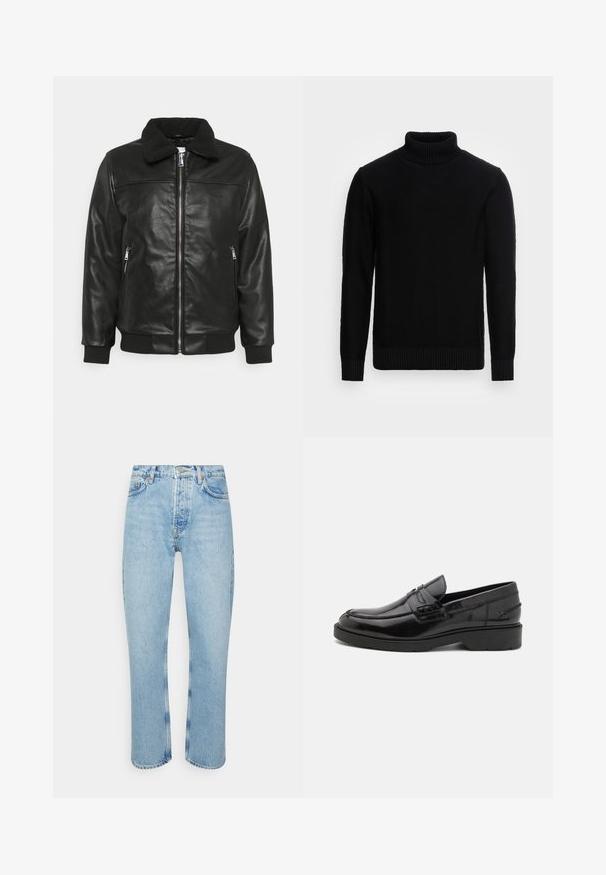 Lindbergh JACKET - Kunstlederjacke - black; Selected Roll neck - Strickpullover - black; Hellblaue Jeans aus Denim mit geradem Schnitt, hoher Taille, fünf Taschen-Design und sichtbaren Nähten an den Nähten und Säumen.; Schwarze Lederloafers mit glatter Oberfläche, abgerundetem Zehenbereich, niedrigem Absatz und dekorativer Naht entlang der Vorderseite. Gummisohle für guten Halt.
