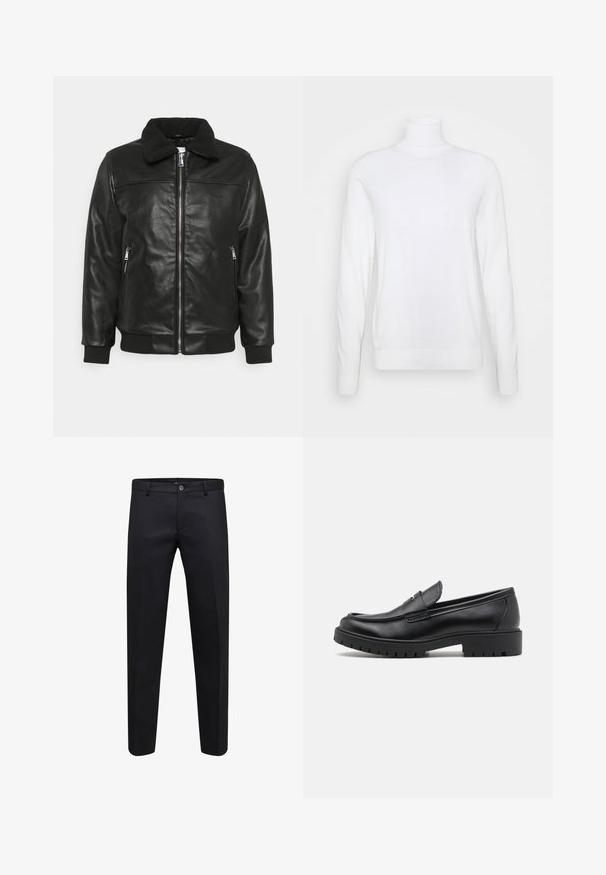 Lindbergh JACKET - Chaqueta de cuero sintético - black; Suéter blanco de cuello alto y mangas largas, hecho de una tela suave. Presenta un diseño ajustado y puños y dobladillo acanalados. Sin patrones ni acentos.; Pantalones formales negros con cierre de botón y cremallera, corte recto y trabillas para cinturón, mostrados sobre un fondo blanco.; Mocasines de cuero negro con punta redondeada, diseño sin cordones y suela de goma gruesa con agarre texturizado. Tacón elevado y detalles de costura sutiles.