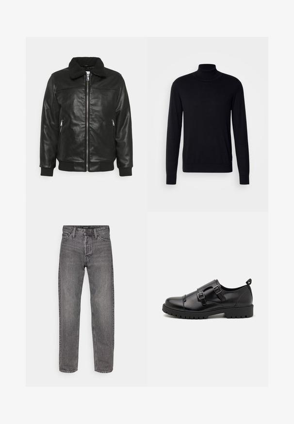 Lindbergh JACKET - Bunda z nepravej kože - black; Čierny rolák vyrobený z mäkkej látky. Má dlhé rukávy, rebrovaný golier a manžety, hladký povrch a žiadne vzory.; Šedé denimové nohavice s rovný strihom, piatimi vreckami a mierne opotrebovanou textúrou. Majú logo na páse a štandardné kovanie.; Pier One by Zalando Elegantné našuchovačky - black