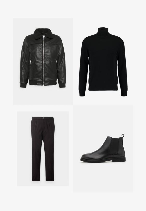 Lindbergh JACKET - Kunstlederjacke - black; Schwarzer Rollkragenpullover aus weichem Strickmaterial. Mit langen Ärmeln, geripptem Kragen und Saum. Schlichtes, elegantes Design ohne Muster.; Schwarze formelle Hose mit Knopf- und Reißverschluss, Seitentaschen und einem schlanken geraden Schnitt.; Schwarze Leder Chelsea-Stiefel mit elastischen Seitenpanelen und einem Zugtab. Gerundete Zehenpartie und flache Gummisohle, die eine glatte Oberfläche zeigt.