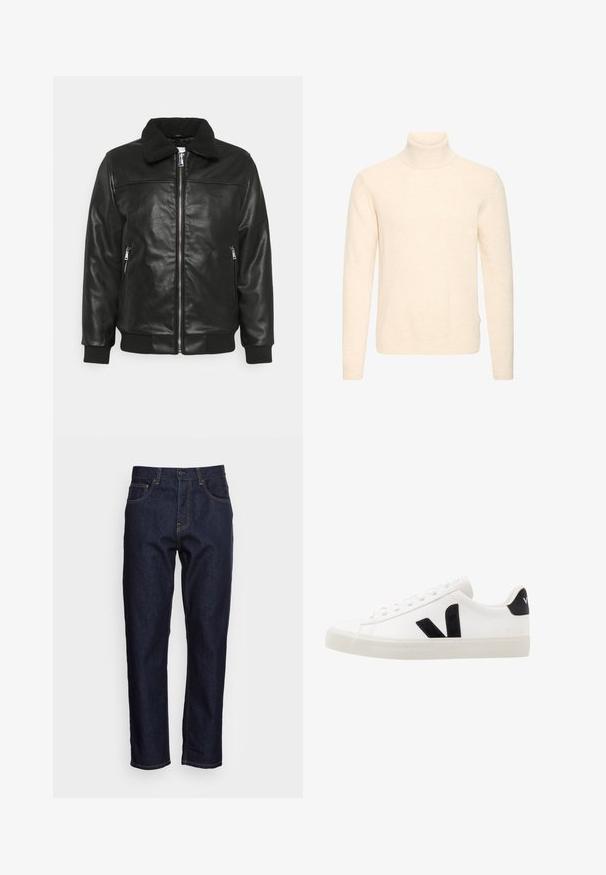 Lindbergh JACKET - Bunda z nepravej kože - black; Krémový rolák s dlhými rukávmi a rebrovaným golierom, manžetami a lemom, zobrazený na bielom pozadí.; Tmavomodré džínsy s rovnými nohavicami, piatimi vreckami a kontrastným žltým prešívaním. Navrhnuté s klasickým gombíkovým a zipsovým zapínaním.; Biele kožené tenisky s čiernymi semišovými akcentmi; majú gumovú podrážku, okrúly špičku a klasický šnurovací dizajn. Na boku logo v čiernej farbe.