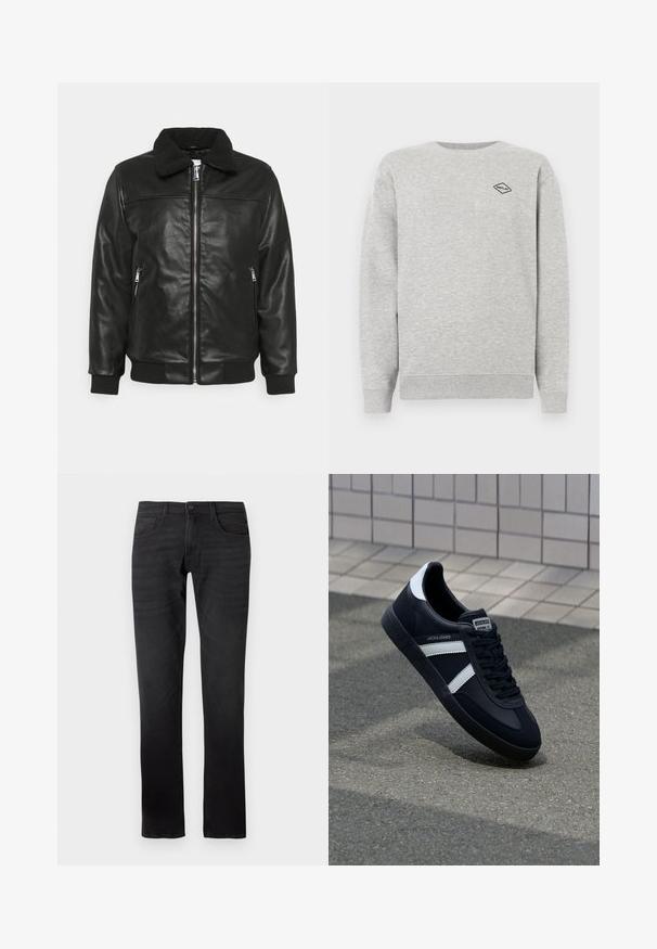 Lindbergh JACKET - Kunstlederjacke - black; Grauer Sweatshirt aus Baumwollmischung, mit Rundhalsausschnitt und gerippten Bündchen. Ein kleines schwarzes Diamantlogo ist auf der Brust gestickt.; Schwarze Denim-Jeans mit geradem Bein. Zu den Merkmalen gehören ein Knopfverschluss, fünf Taschen und sichtbare Nähdetails.; Schwarze Leder-Sneaker mit weißen Streifen, strukturiertem Gummisohle und Schnürung. Verfügt über ein Markenetikett auf der Zunge.