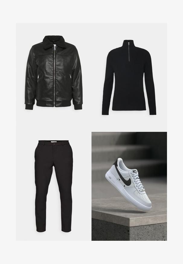 Lindbergh JACKET - Bunda z nepravej kože - black; Čierny rebrovaný rolák s riešením na štvrtinový zips, dlhými rukávmi a textúrovanou tkaninou pre väčšiu dimenziu.; Čierne nohavice s prispôsobeným strihom. Obsahujú zips, gombíkovú uzáver, bočné vrecká a hladkú, ľahkú tkaninu.; Biela teniska Nike Air Force 1 s čiernym logom Swoosh, vznášajúca sa nad betónovým okrajom s rozmazanými schodmi na pozadí.