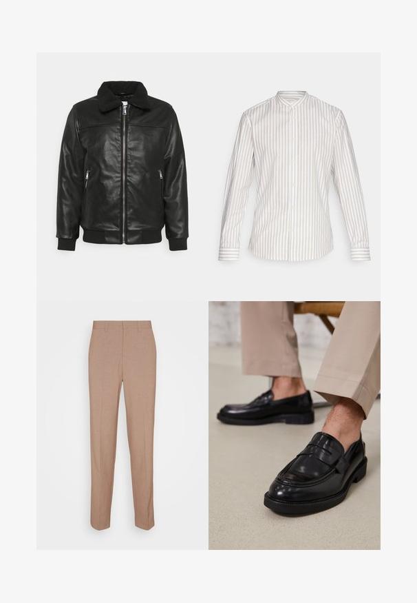 Lindbergh JACKET - Kunstlederjacke - black; Langärmliges Hemd in einem hellbeigen und weißen vertikalen Streifenmuster. Verfügt über einen Stehkragen und eine Knopfleiste mit passenden Manschetten.; Beige, maßgeschneiderte Hose aus glattem, strukturiertem Stoff. Gerade Passform mit Bund, ohne sichtbare Verzierungen oder Taschen.; Schwarze Lederloafers mit glatter Oberfläche, ausgestattet mit einem dekorativen Riemen und Kontrastnähten, kombiniert mit beigen Hosen.