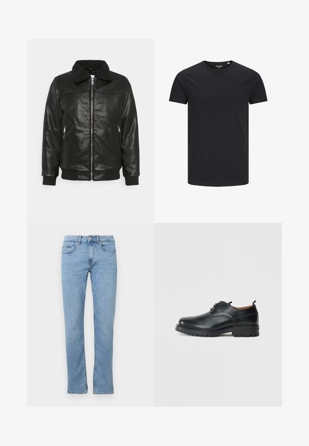 Lindbergh JACKET - Chaqueta de cuero sintético - black; Camiseta de algodón negra con cuello redondo, mangas cortas y un diseño sencillo. Textura suave, sin patrones ni herrajes visibles.; Vaqueros de denim de color azul claro con corte recto, que presentan un cierre de cremallera y botón, cinco bolsillos y un desvanecimiento sutil en la tela.; Zapatos derby de cuero negro con una textura suave, punta redondeada, diseño de cordones y una suela de goma gruesa y resistente.