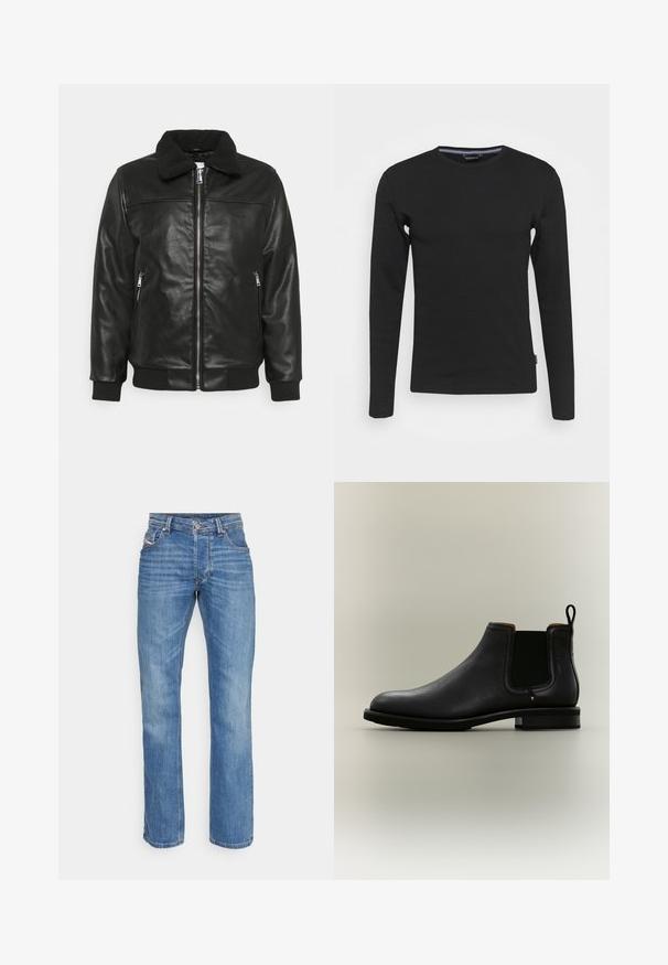 Lindbergh JACKET - Kunstlederjacke - black; Lindbergh O-NECK - Langarmshirt - black; Blaue gerade geschnittene Jeans aus Denim mit vorderem Knopf und Reißverschluss, fünf Taschen und dezenten Verwaschungen.; Schwarzer Chelsea-Knöchelboot aus Leder mit elastischen Seitenteilen und Lasche auf einem hellgrauen Hintergrund.