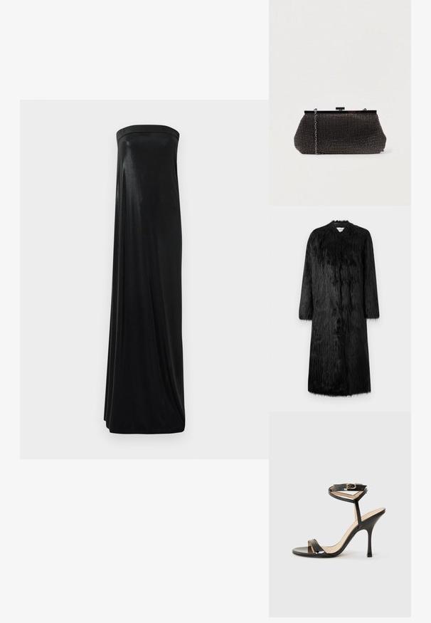 Manteau en fausse fourrure noire au design long, avec des manches longues et une surface douce et texturée. Il présente un style minimaliste sans fermetures visibles.; Robe maxi noire sans bretelles en tissu lisse et brillant. Présente un corsage ajusté et une silhouette fluide, atteignant le sol sans embellissements.; Sandale à talons hauts en cuir verni noir avec une fine bride de cheville et une boucle, orteil ouvert et talon aiguille mince sur fond blanc.; Pochette noire en mesh avec une silhouette structurée, ornée de petits clous métalliques, dotée d'une fermeture à clip et d'une bandoulière en chaîne détachable.