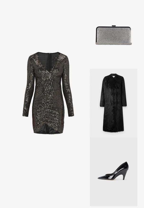 Manteau en fausse fourrure noire au design long, avec des manches longues et une surface douce et texturée. Il présente un style minimaliste sans fermetures visibles.; Robe noire en sequins avec manches longues, décolleté en V, design froncé et ourlet enveloppé, présentant des sequins réfléchissants disposés en lignes verticales.; Chaussure à talon haut en cuir verni noir avec un bout pointu et un talon courbé, présentant une surface lisse et réfléchissante.; Pochette rectangulaire argentée couverte de petits strass avec un cadre en métal noir et argenté et une fermeture à clip.