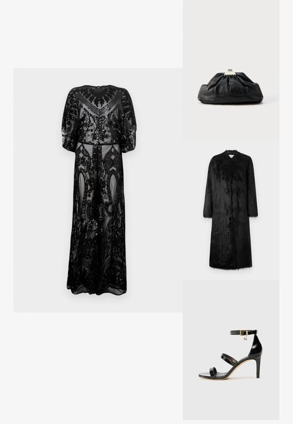 Manteau en fausse fourrure noire au design long, avec des manches longues et une surface douce et texturée. Il présente un style minimaliste sans fermetures visibles.; Robe noire transparente avec motifs perlés complexes, manches bouffantes et ourlet au sol sur un fond clair uni.; Sandale en cuir verni noir avec trois brides, boucle de cheville et talon aiguille de 10 cm. Présente un détail en métal doré et un charm logo.; Pochette en cuir noir avec une texture plissée, fermeture à fermoir métallique, et logo embossé discret sur le devant. Forme arrondie.