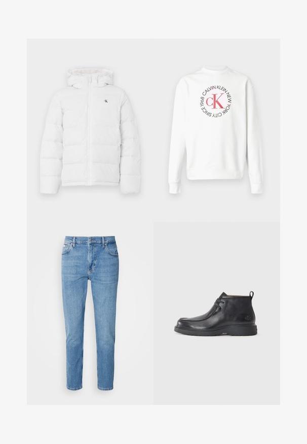 Hvid polstret jakke med hætte, frontlynlås, sidelommer og lille sort "cK" logo på brystet.; Hvid langærmet sweatshirt med rund hals og rødt CK-logo omgivet af sort tekst, der lyder "Calvin Klein New York City Since 1968" på forsiden.; Lys blå denim jeans med lige snit, fem-lomme design og subtilt slid. Har knaplukning og bæltestropper.; Sorte læder ankelstøvler med rund tå, snørelukning og en løkke bagpå. Tekstureret overdel og gummisål.