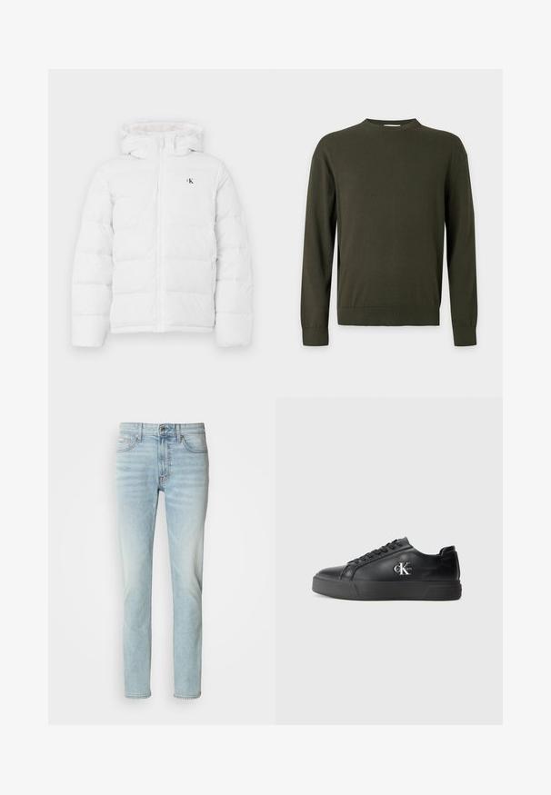 Weisse gepolsterte Jacke mit Kapuze, Frontreißverschluss, seitlichen Taschen und kleinem schwarzen "cK"-Logo auf der Brust.; Schlichter dunkelgrüner Pullover mit langen Ärmeln und Rundhalsausschnitt, mit gerippten Bündchen und Saum, vor einem hellgrauen Hintergrund dargestellt.; Helle blaue Jeans aus Denim, mit geradem Beinschnitt, mittelhoher Taille und dezentem Verblassen. Enthält fünf Taschen und einen Metallknopf.; Schwarze Ledersneaker mit abgerundeter Zehenpartie, flacher schwarzer Sohle und tonaler Schnürung. Mit einem silbernen Logo an der Seite, durchgehend glatte Textur.