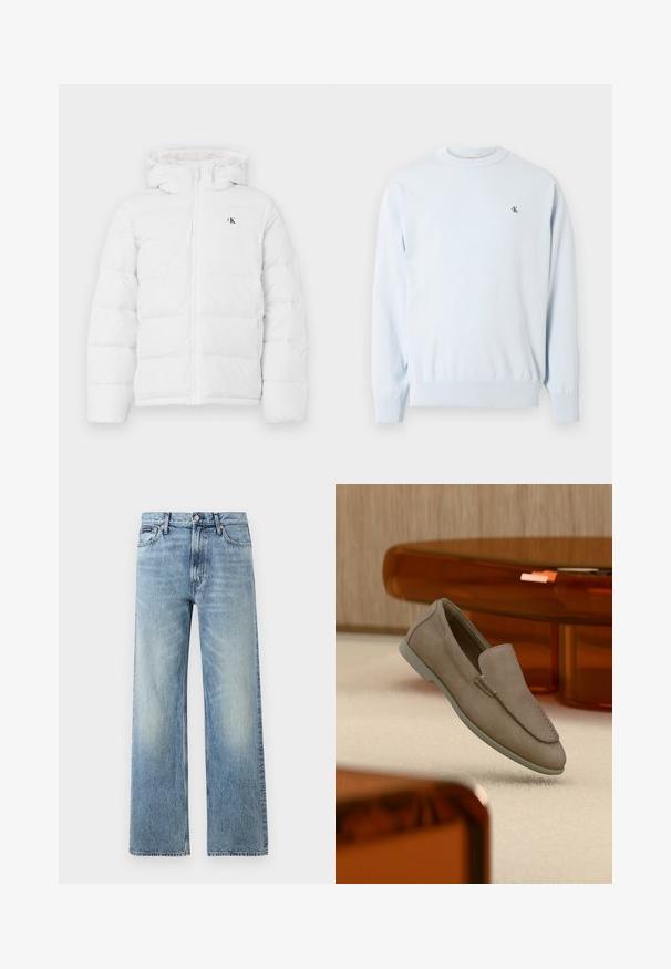 Weisse gepolsterte Jacke mit Kapuze, Frontreißverschluss, seitlichen Taschen und kleinem schwarzen "cK"-Logo auf der Brust.; Hellblauer Langarm-Pullover mit Rundhalsausschnitt, gerippten Bündchen und Saum, mit kleinem schwarzem "CK"-Logo auf der linken Brust.; Hellblaue Jeans mit geradem Bein, hohem Bund, fünf Taschen, Knopfverschluss und dezentem Verblassen an Oberschenkeln und Knien.; Beiger Wildleder-Slipper mit sichtbarer Naht und heller Sohle, auf einem cremefarbenen Teppich platziert, mit orange-transparenten Möbeln im Hintergrund.