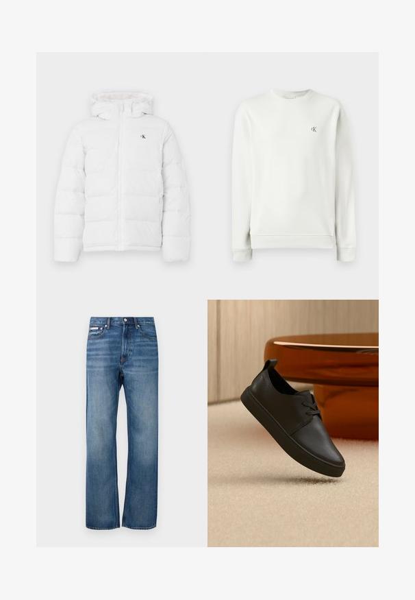 Witte gewatteerde jas met capuchon, frontzipper, zijzakken en klein zwart "cK" logo op de borst.; Lichtgrijze sweatshirt met ronde hals, gemaakt van gladde stof, met ribgebreide manchetten en zoom, en een klein geborduurd logo op de borst.; Blauwe rechte spijkerbroek met lichte vervaging, gesloten met een knoop aan de voorkant en een klein logolabel op de rechter voorkzak.; Zwarte leren casual sneaker met veters, zwevend boven een beige tapijt, met een amberen glazen ronde tafel op de achtergrond.