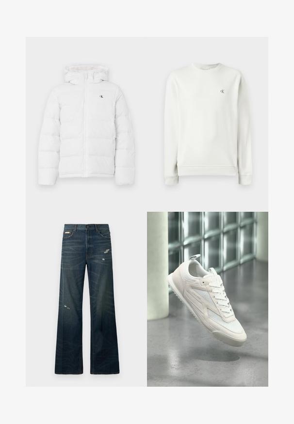 Hvid polstret jakke med hætte, frontlynlås, sidelommer og lille sort "cK" logo på brystet.; Lys grå crew neck sweatshirt lavet af glat stof, med ribbekanter ved ærmerne og nederdelen, samt et lille broderet logo på brystet.; Bredde ben, mørk denimjeans med lys falmning og slidte områder. Har knaplukning og klassisk fem-lomme-design.; Hvid Calvin Klein-sneaker med mesh- og ruskindsdetaljer, snørebånd bundet, svævende over en poleret grå gulv nær en glasblokvæg.