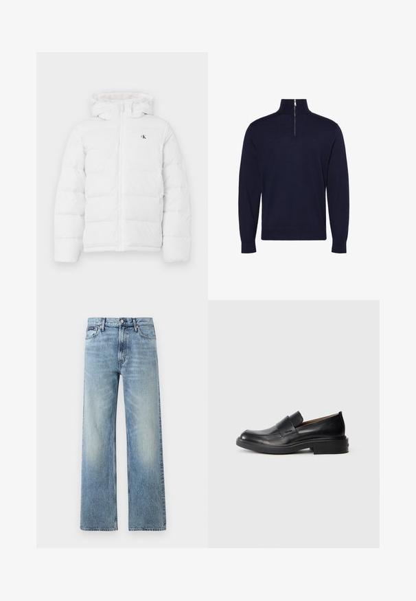 Witte gewatteerde jas met capuchon, frontzipper, zijzakken en klein zwart "cK" logo op de borst.; Donkerblauwe trui met lange mouwen, een hoge kraag en een halve rits aan de voorkant in het midden, met een klein geborduurd logo op de borst.; Lichtblauwe denim jeans met rechte pijpen, een hoge taille, vijf zakken, knoopsluiting en subtiele vervaging op de dijen en knieën.; Zwarte leren instap schoenen met een lage hak en subtiel Calvin Klein-logo aan de zijkant, weergegeven in profiel op een witte achtergrond.