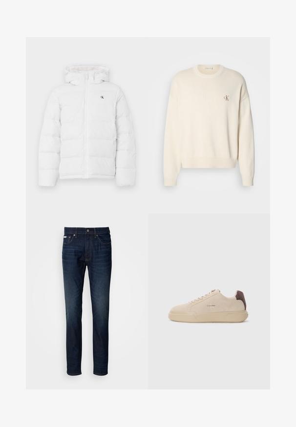Hvid polstret jakke med hætte, frontlynlås, sidelommer og lille sort "cK" logo på brystet.; Kremfarvet strikket sweater med ribbet tekstur, rund halsudskæring og drop-skuldrer. Har et lille brunt broderet logo på brystet.; Mørkeblå denim bukser med lige pasform, der har lynlås foran, knaplukning samt for- og baglommer. Diskret falmning på lårene.; Beige ruskind sneakers med rund tå, snørret foran og en brun ruskindsdetalje på hælen. Har en tekstureret gummisål.
