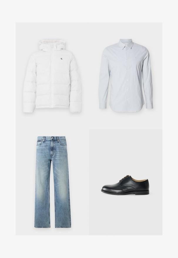 Witte gewatteerde jas met capuchon, frontzipper, zijzakken en klein zwart "cK" logo op de borst.; Lichtblauw gestreept shirt met lange mouwen, gemaakt van katoen. Voorzien van een klassieke kraag, knopen aan de voorkant en verstelbare manchetten. Subtiel logo op de borst.; Lichtblauwe denim jeans met rechte pijpen, een hoge taille, vijf zakken, knoopsluiting en subtiele vervaging op de dijen en knieën.; Calvin Klein ESS DERBY - Veterschoenen - triple black